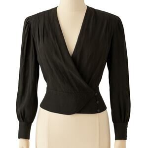 Vintage Liz Claiborne 100% Silk Wrap Blouse Black Jacquard 80s Small